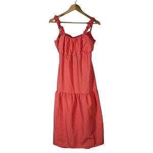 Style House Tie Back Solid Midi Dress Coral Pink Cottagecore Ruffle Strap Size L